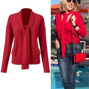 Cabi Tess Tee Red Tie Neck Size Small